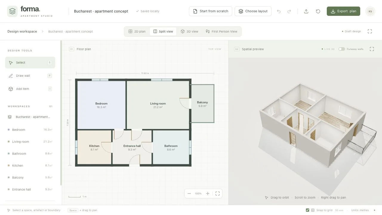Forma apartment studio with a two-dimensional floor plan beside its synchronized three-dimensional apartment model.