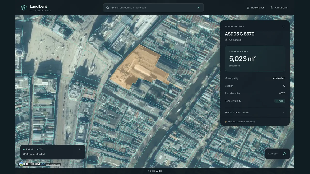Land Lens aerial map of Amsterdam with cadastral boundaries and the recorded area of a selected parcel.