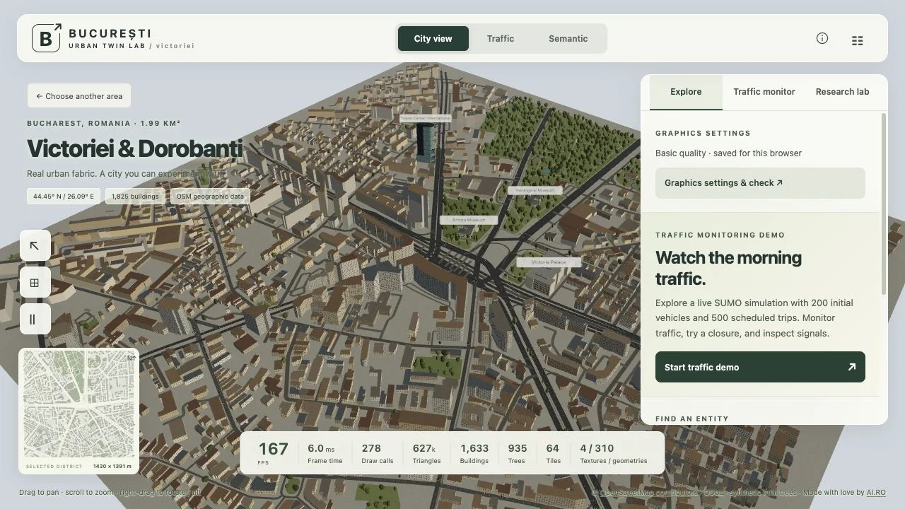 UrbanSim three-dimensional view of the Victoriei and Dorobanți district in Bucharest with buildings, streets, and traffic demo controls.